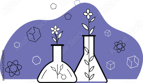 Cartoon chemistry flasks filled with blooming plants and abstract science icons in the background
