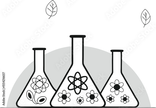 Cartoon chemistry flasks filled with blooming plants and abstract science icons in the background