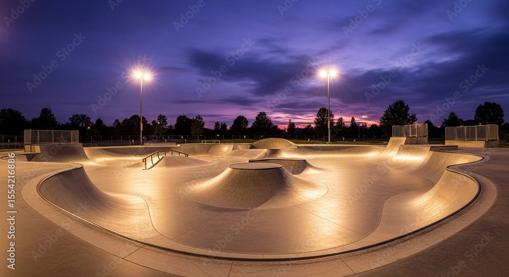 Naklejka premium Empty Skatepark at Sunset Dusk. A modern concrete skatepark with ramps and bowls is illuminated by lights under a beautiful purple and orange sky at dusk. 