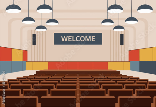 Vector illustration of an empty university auditorium, theater, or lectorium with wooden seats, big screen, and dim lighting. Educational or conference room interior in realistic style