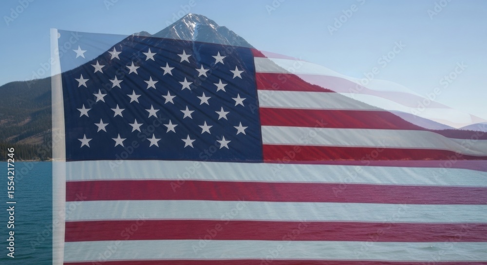 Obraz premium Majestic American Flag Waves Proudly Over Breathtaking Mountain Lake Scenery