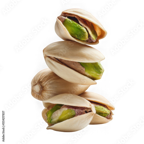 A vertical stack of four pistachios with shells partially open on white background