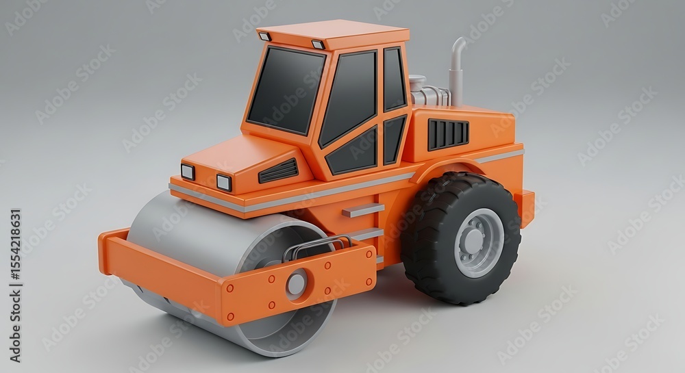 Naklejka premium Orange construction roller, detailed 3D model, front view, industrial equipment.
