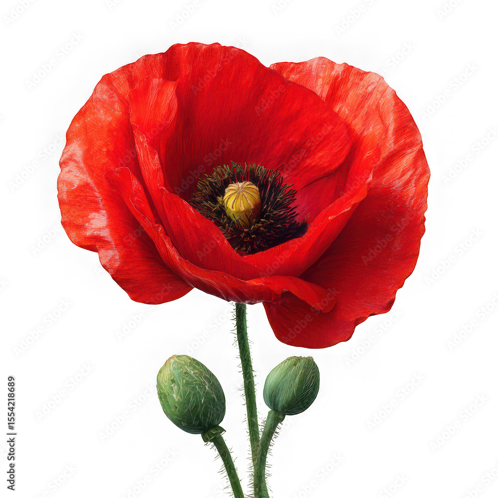 Naklejka premium Close up of a vibrant red poppy flower with green buds against white background