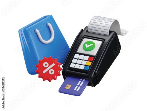 Shopping bag with Pos machine icon 3d render concept of payment terminal for online product shopping, packing, shopping bag credit card protection secure for online payment vector illustration