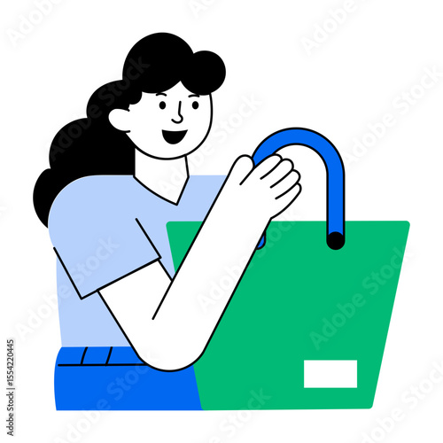 A flat style illustration showing a character holding a shopping bag