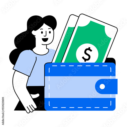 Flat style illustration showing a shopper holding a wallet 
