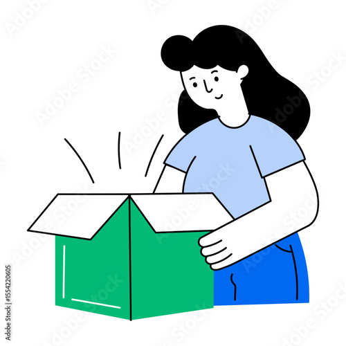 Flat style illustration showing character unboxing a product delivery
