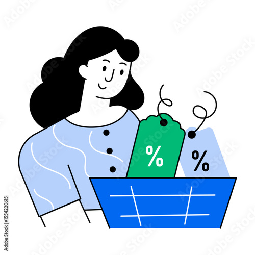 A flat style illustration showing a buyer using a discount offer 
