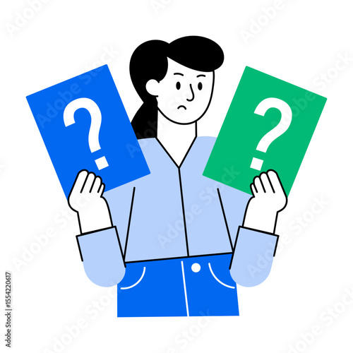 A flat style illustration showing a confused buyer 
Flat style illustration showing person doing mobile shopping
