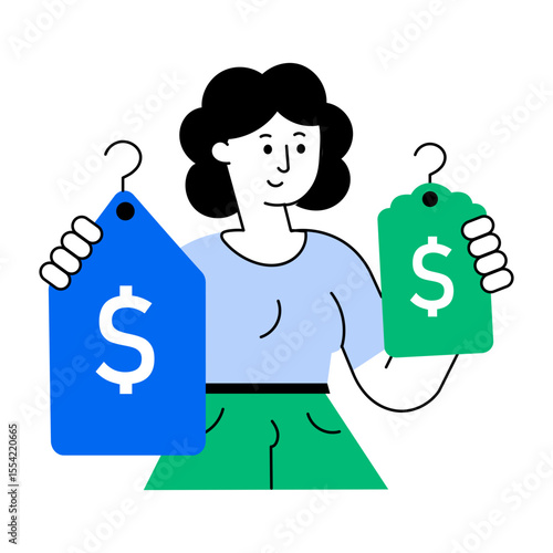 Flat style illustration showing buyer comparing prices of items
