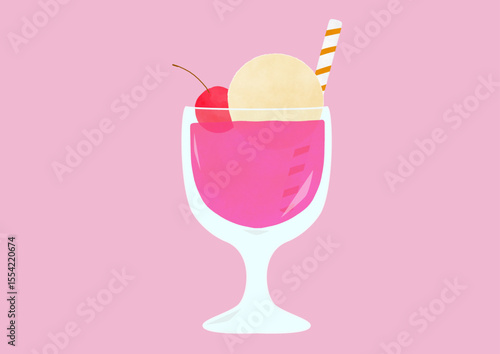 ピンクのクリームソーダのイラスト