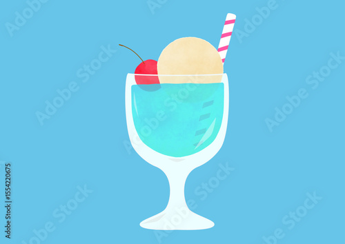 青のクリームソーダのイラスト