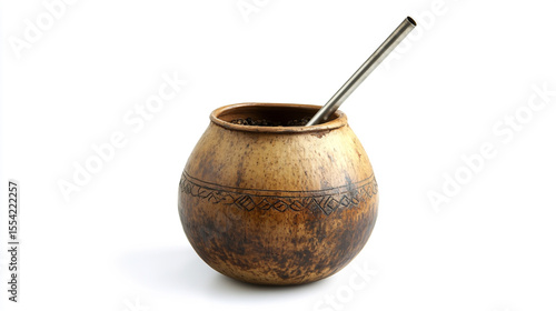 Wallpaper Mural Traditional mate gourd filled with yerba mate and classic metal bombilla straw, rustic wooden table background Torontodigital.ca