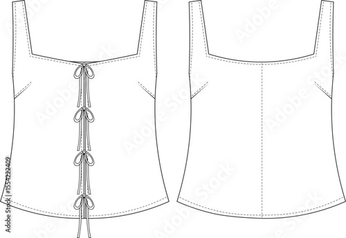 sleeveless strappy strapped shoulder straps with bows coquette blouse top shirt template technical drawing flat sketch cad mockup fashion woman design style model 
