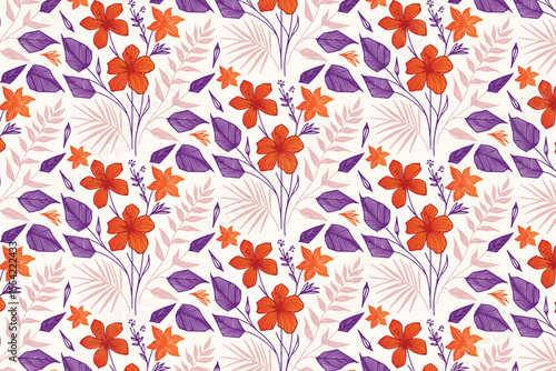 botanical cotton flower pattern with abstract one line leaves in seamless repetition for bedsheet, kitchen linen, and fashion design

