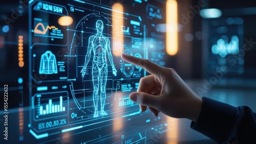 Obraz w ramie Futuristic human anatomy display with interactive data visualization and scientific research interface