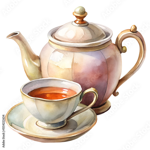 Watercolor teapot and cup with saucer isolated on transparent background