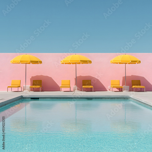 Minimalist Poolside Scene with yellow Pink Umbrellas and Lounge Chairs Generating AI