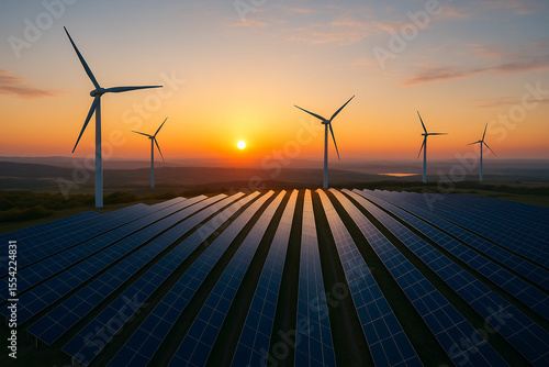 Renewable energy landscape with solar panels and wind turbines at sunset