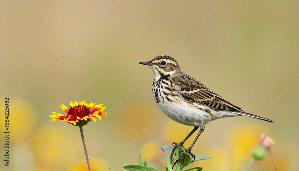 Meadow Pipit bird in nature and flower Meadow Pipit bird in nature and flower