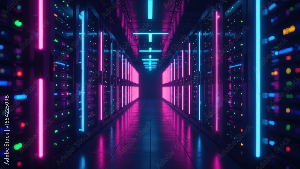 Fototapeta premium Illuminated server room corridor with rows of racks and glowing neon lights