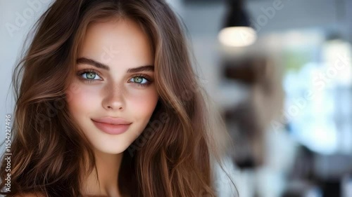 Wallpaper Mural A young woman with long brown hair and green eyes smiles warmly at the camera, set against a softly blurred background. Torontodigital.ca