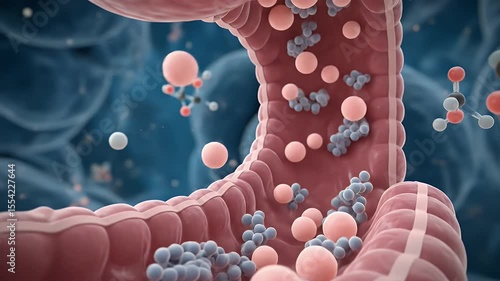 Closeup view of human intestine with molecules and elements intricate biological processes