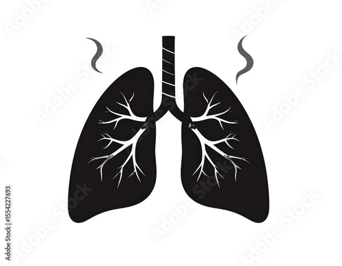 A simplified black silhouette illustration of human lungs emitting smoke, visually representing respiratory issues or the harmful effects of smoking.