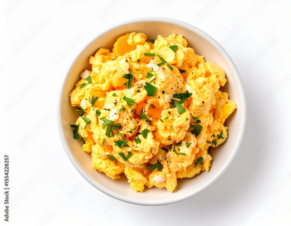 Delicious and fluffy scrambled eggs garnished with fresh herbs in a white bowl, showcasing a popular breakfast dish with rich yellow color and creamy texture Delicious and fluffy scrambled eggs garnished with fresh herbs in a white bowl, showcasing a popular breakfast dish with rich yellow color and creamy texture