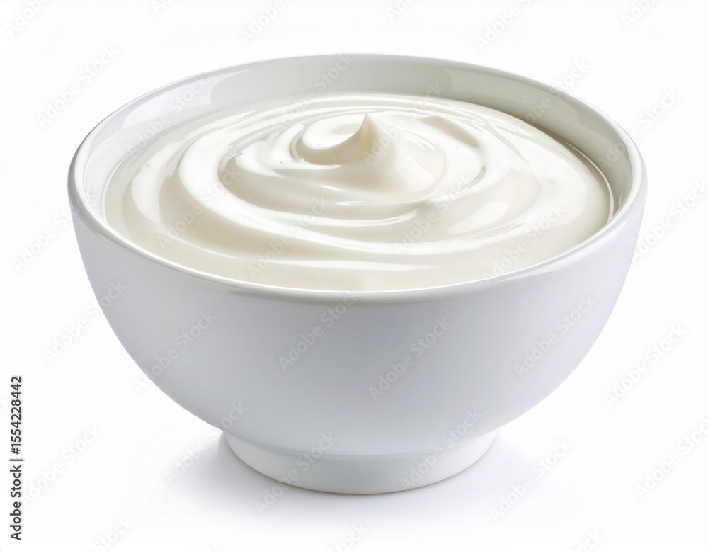 White ceramic bowl filled with smooth creamy yogurt or dessert with swirled surface on a plain background perfect for food health or dairy product themes White ceramic bowl filled with smooth creamy yogurt or dessert with swirled surface on a plain background perfect for food health or dairy product themes