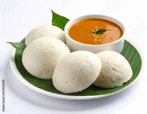 Traditional South Indian vegetarian breakfast dish consisting of soft idlis served with savory spicy chutney and garnished with fresh green leaves, popular snack