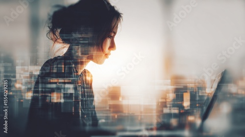 Woman working on a laptop double exposed with a cityscape