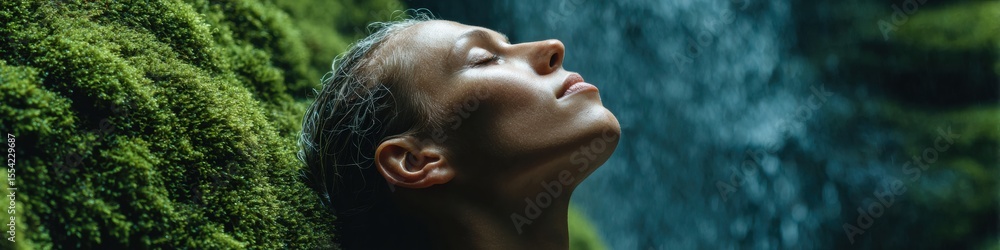 Naklejka premium Young woman practicing pranayama yoga in lush mossy forest by waterfall, promoting natural mindfulness, wellness tourism, and serene outdoor rejuvenation