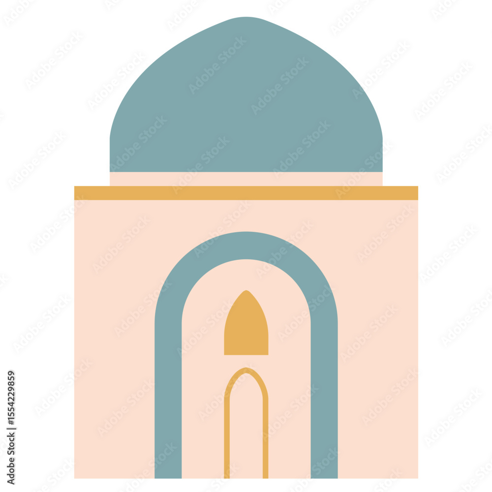 Fototapeta premium 2D illustration of a blue dome Islamic structure with arched doorway, minimal style, suitable for mosque icons or religious design projects.