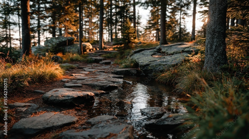 Fototapeta premium Forest path through rocks and stream. Golden light
