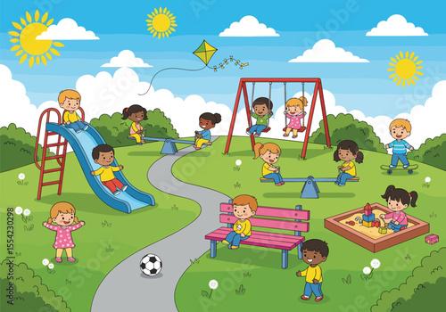 Cartoon kids at playground, outdoor playtime illustration, slide swing seesaw sandbox, park activity scene, colorful child character vector design