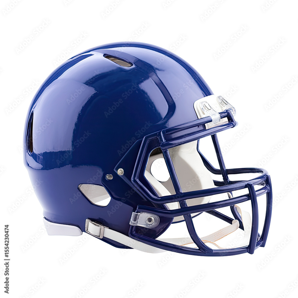 Naklejka premium High-Gloss Blue Football Helmet Isolated on White Background with Detailed View of Faceguard and Ventilation Holes