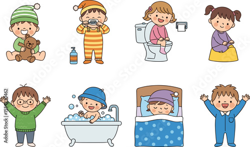 Cartoon children daily routine, hygiene and sleep activities illustration, brushing teeth bathing potty, bedtime and waking up vector set