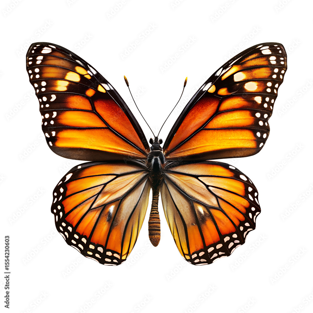 Fototapeta premium Intricate Monarch Butterfly Wings, Vibrant Orange and Black, Isolated on Black Background, Detailed Macro Photography, Nature Stock Image