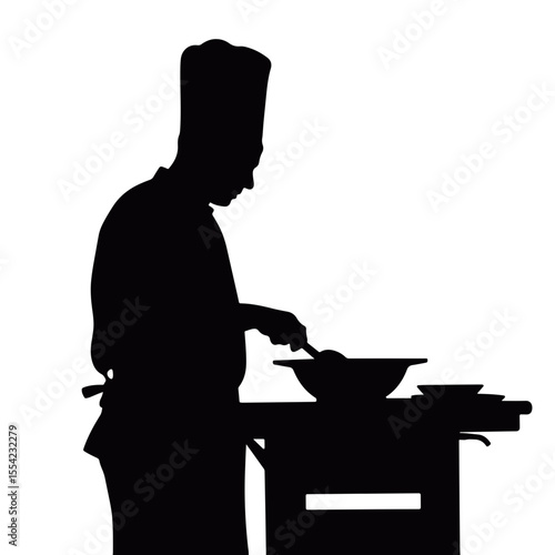 Silhouette of chef teaching cooking in black and white, culinary arts