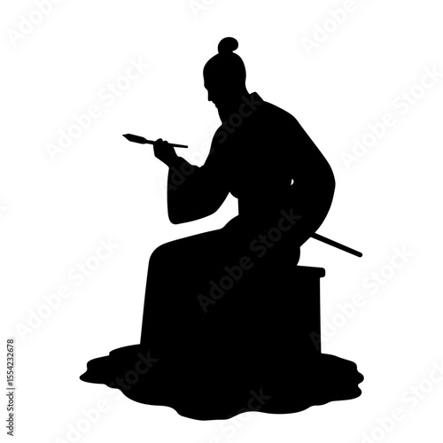 Ancient poet writing with a brush in silhouette, Chinese poetry inspiration