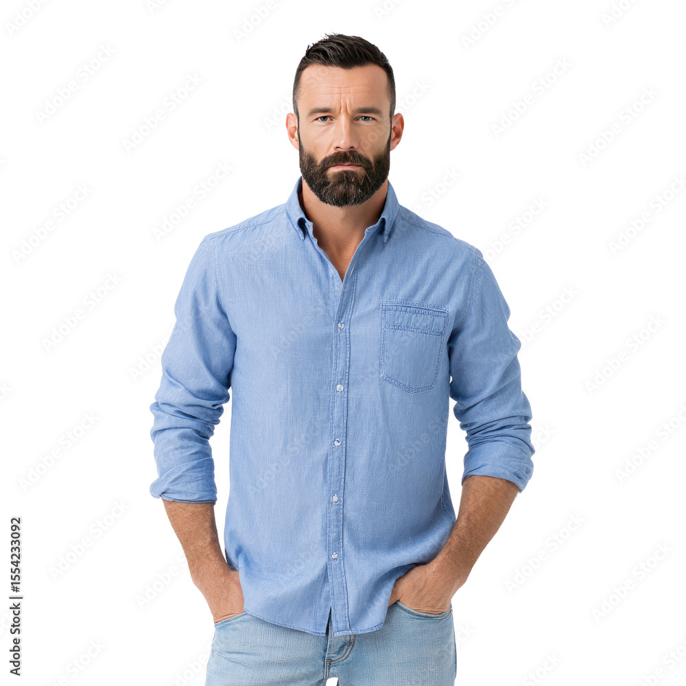 Fototapeta premium Confident Man in Casual Blue Shirt Posing with Neutral Expression and Stylish Beard on White Background