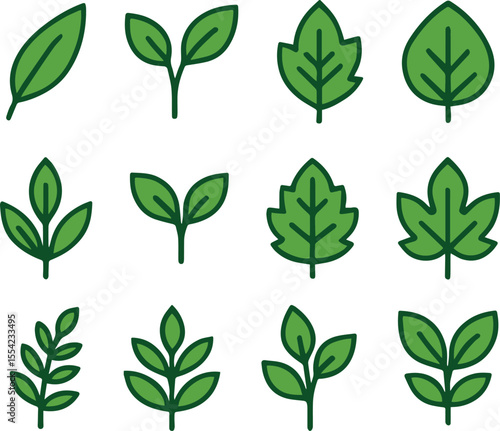 Minimal Green Leaf Vector Icons Set Isolated for Eco Design