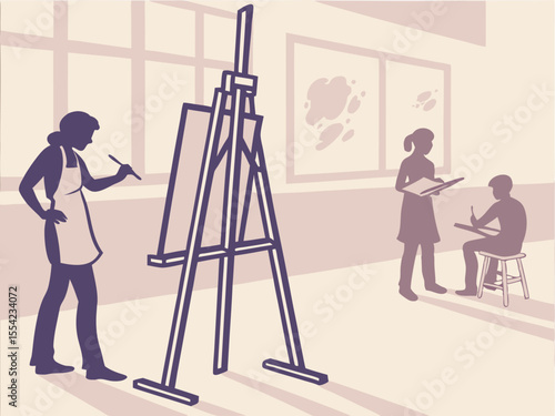 Art Class Scene with Easel Students and Instructor in Silhouette Style silhouette stylized