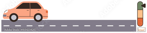 Compact car traveling on gray asphalt road with dashed markings, next to a vertical fuel gauge. Ideal for concepts such as transportation, energy, fuel efficiency, travel, economy, sustainability