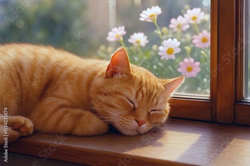 Cute ginger cat sleeping on a window with soft morning sunlight and blooming flowers outside the window.
