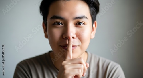 Asian man gesturing for silence and looking at the camera, Young man asking for quiet