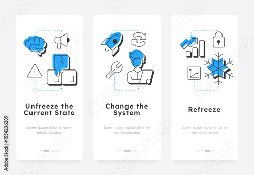 Lewin change management model mobile app onboarding screens. Business state. Corporate development plan. Flat UI UX design, blue highlight with outline icons conceptual. Lexend font used