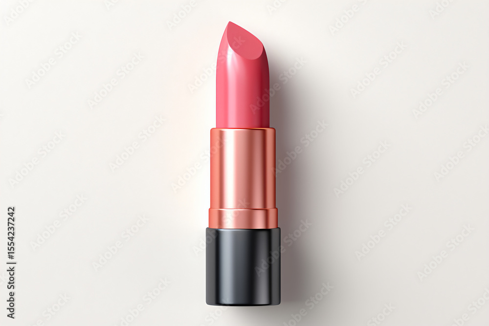 Coral pink lipstick with black and peach casing on minimal white background Coral pink lipstick with black and peach casing on minimal white background